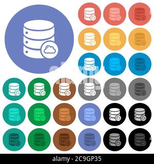 Cloud database multi colored flat icons on round backgrounds. Included white, light and dark icon variations for hover and active status effects, and Stock Vector