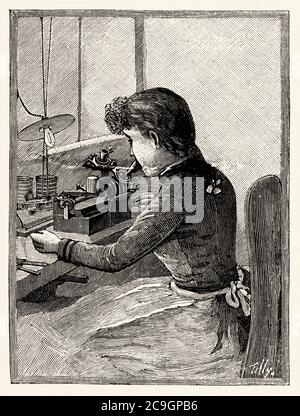 Manufacturing of talking dolls fitted with an Edison phonograph, a woman is recording cylinders to be put into the dolls. Old XIX century engraved illustration from La Ilustracion Española y Americana 1890 Stock Photo