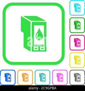 Ink cartridge vivid colored flat icons in curved borders on white background Stock Vector