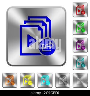 Export playlist engraved icons on rounded square glossy steel buttons Stock Vector