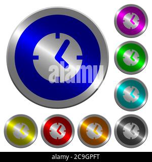 Clock icons on round luminous coin-like color steel buttons Stock Vector