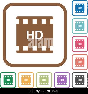 HD movie format simple icons in color rounded square frames on white background Stock Vector