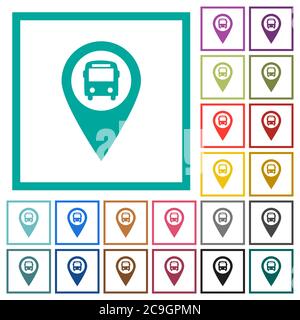 Public transport GPS map location flat color icons with quadrant frames on white background Stock Vector