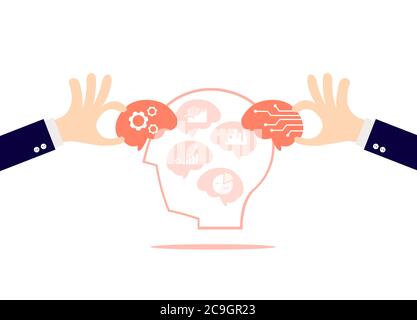 The hand holding the brain with the symbol of finance and investment isolated on white background. Stock Vector