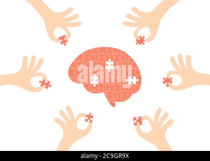 Brain jigsaw with hand holding pieces of the puzzle isolated on white background. Stock Vector