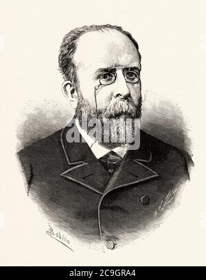 Portrait of Teodoro Llorente Olivares (Valencia 1836 - 1911) Spanish poet, translator, lawyer and writer in the Valencian and Spanish languages, Spain. Old XIX century engraved illustration from La Ilustracion Española y Americana 1890 Stock Photo