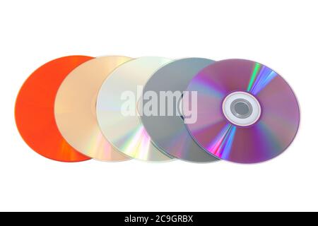 Several multi-colored CDs on a white background Stock Photo