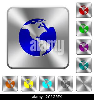 Earth engraved icons on rounded square glossy steel buttons Stock Vector