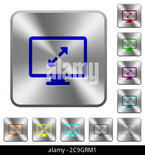 Adjust screen resolution engraved icons on rounded square glossy steel buttons Stock Vector