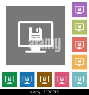 Save display settings flat icons on simple color square backgrounds Stock Vector