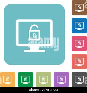 Unlock screen white flat icons on color rounded square backgrounds Stock Vector