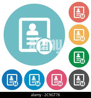 Save contact changes flat white icons on round color backgrounds. 6 ...