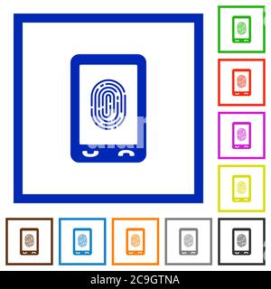 Mobile fingerprint identification flat color icons in square frames on white background Stock Vector