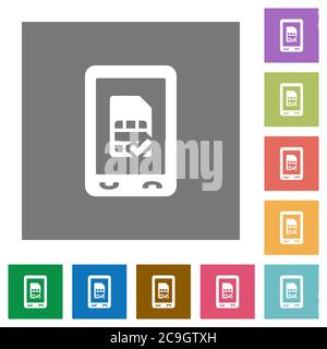 Mobile simcard accepted flat icons on simple color square backgrounds Stock Vector