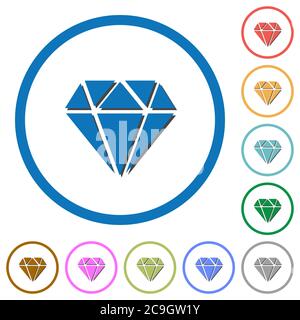 Diamond flat color vector icons with shadows in round outlines on white background Stock Vector