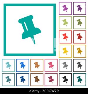 Push pin flat color icons with quadrant frames on white background Stock Vector
