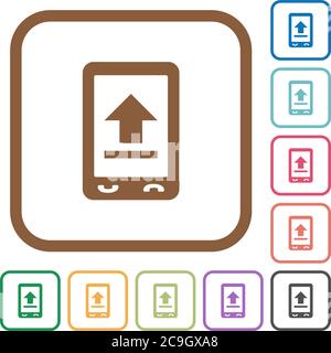 Mobile upload simple icons in color rounded square frames on white background Stock Vector