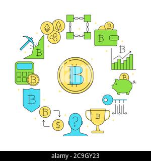 Bitcoin round concept banner in colored line style. Digital currency poster with cryptocurrency coins symbols. Vector illustration. Stock Vector