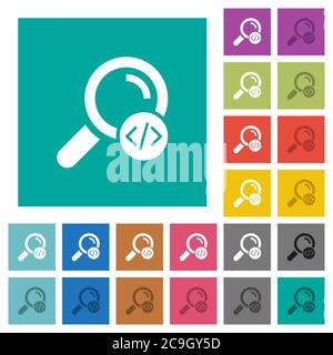 Search programming code multi colored flat icons on plain square backgrounds. Included white and darker icon variations for hover or active effects. Stock Vector