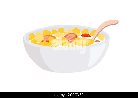 Corn flakes and strawberry in a bowl with milk and spoon isolated on white background. Stock Vector