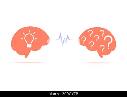 The brain with the lamp inside is facing the brain with a question mark inside isolated on white background. Stock Vector