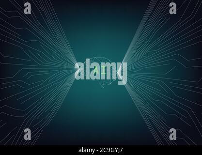 AI brain with modern technology circuit line on gradient background. Stock Vector
