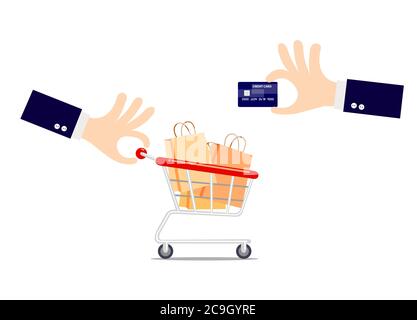 Hand holding a credit card with shopping cart isolated on white background. Stock Vector