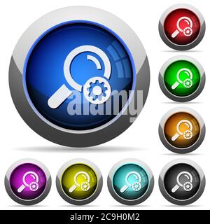 Search settings icons in round glossy buttons with steel frames Stock Vector