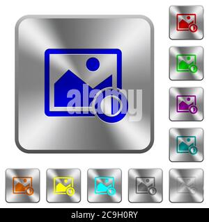 Adjust image contrast engraved icons on rounded square glossy steel buttons Stock Vector