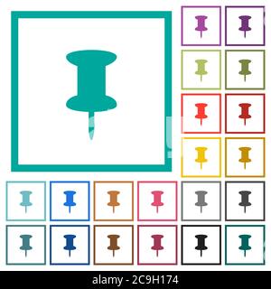 Push pin flat color icons with quadrant frames on white background Stock Vector