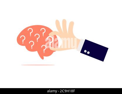 The hand is holding the question mark in the brain. A question mark inside the brain. Stock Vector