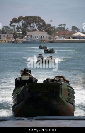 FILE: July 31, 2020: At least one Marine has died, eight others were missing after an amphibious assault vehicle accident off San Clemente Island, the Southern California coast. FILE PICTURE: May 11, 2017 - Oceanside, CA, USA - Amphibious vehicles approach the shoreline at Camp Pendleton during a homecoming celebration when Marines and sailors from the 11th Marine Expeditionary Unit returned to Camp Pendelton after serving 7 months in the Western Pacific, Middle East and Horn of Africa. Credit: Ken Cedeno/ZUMA Wire/Alamy Live News Stock Photo