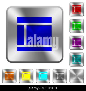 Two columned web layout engraved icons on rounded square glossy steel buttons Stock Vector