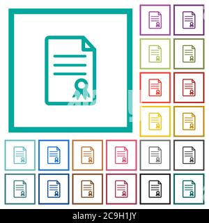 Certificate document flat color icons with quadrant frames on white background Stock Vector