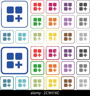 Add new component color flat icons in rounded square frames. Thin and thick versions included. Stock Vector