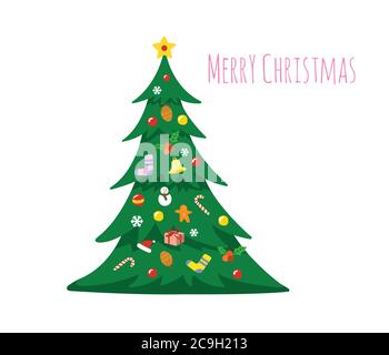 Christmas tree decorated with decorations isolated on white background. Merry Christmas with Christmas tree. Stock Vector