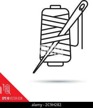 Thread and needle vector line icon, Yarn spool and seing needle outline symbol. Tailoring equipment illustration. Stock Vector