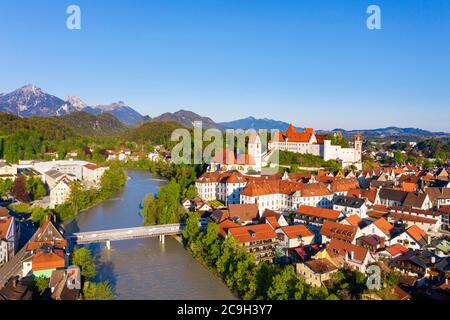 Monastery Sankt Mang and Hohes Schloss, Fuessen, river Lech, drone recording, East Allgaeu, Allgaeu, Swabia, Bavaria, Germany Stock Photo