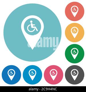 Disability accessibility GPS map location flat white icons on round color backgrounds Stock Vector