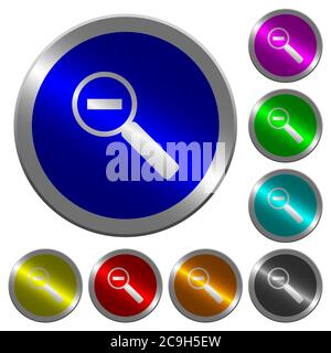Zoom out icons on round luminous coin-like color steel buttons Stock Vector