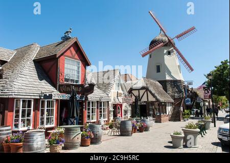 Scandinavian half-timbered architecture and windmill, Solvang, Santa Barbara County, California, USA Stock Photo