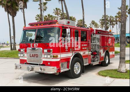 Fire engine of the Los Angeles Fire Department, LAFD, Promenade Venice, Los Angeles, California, USA Stock Photo