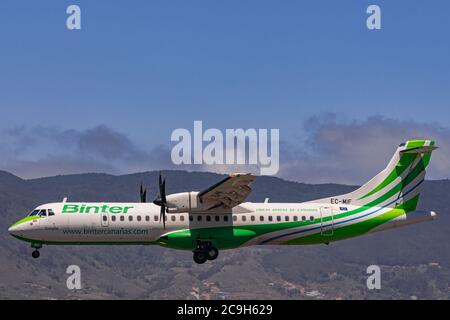 Los Rodeos, Tenerife/Canary islands; July 24 2020: Binter ATR-72-600, landing, in La Laguna city airport Stock Photo