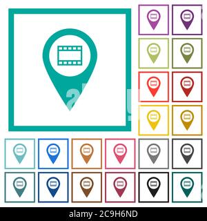 Cinema GPS map location flat color icons with quadrant frames on white background Stock Vector