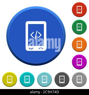 Mobile scripting round color beveled buttons with smooth surfaces and flat white icons Stock Vector