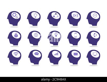 Head with communication icon isolated on white background. Set of head with icon. Stock Vector