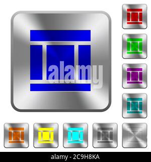 Three columned web layout engraved icons on rounded square glossy steel buttons Stock Vector