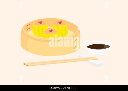 Dim sum in bamboo basket with a cup of sauce and chopsticks placed on the side. Dim sum are favorite snack of the Asians. Stock Vector