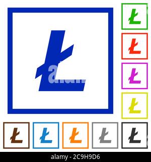 Litecoin digital cryptocurrency flat color icons in square frames on white background Stock Vector