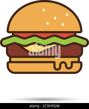 Hamburger or cheeseburger vector line icon, flat style with color fill. Fast food symbol. Stock Vector